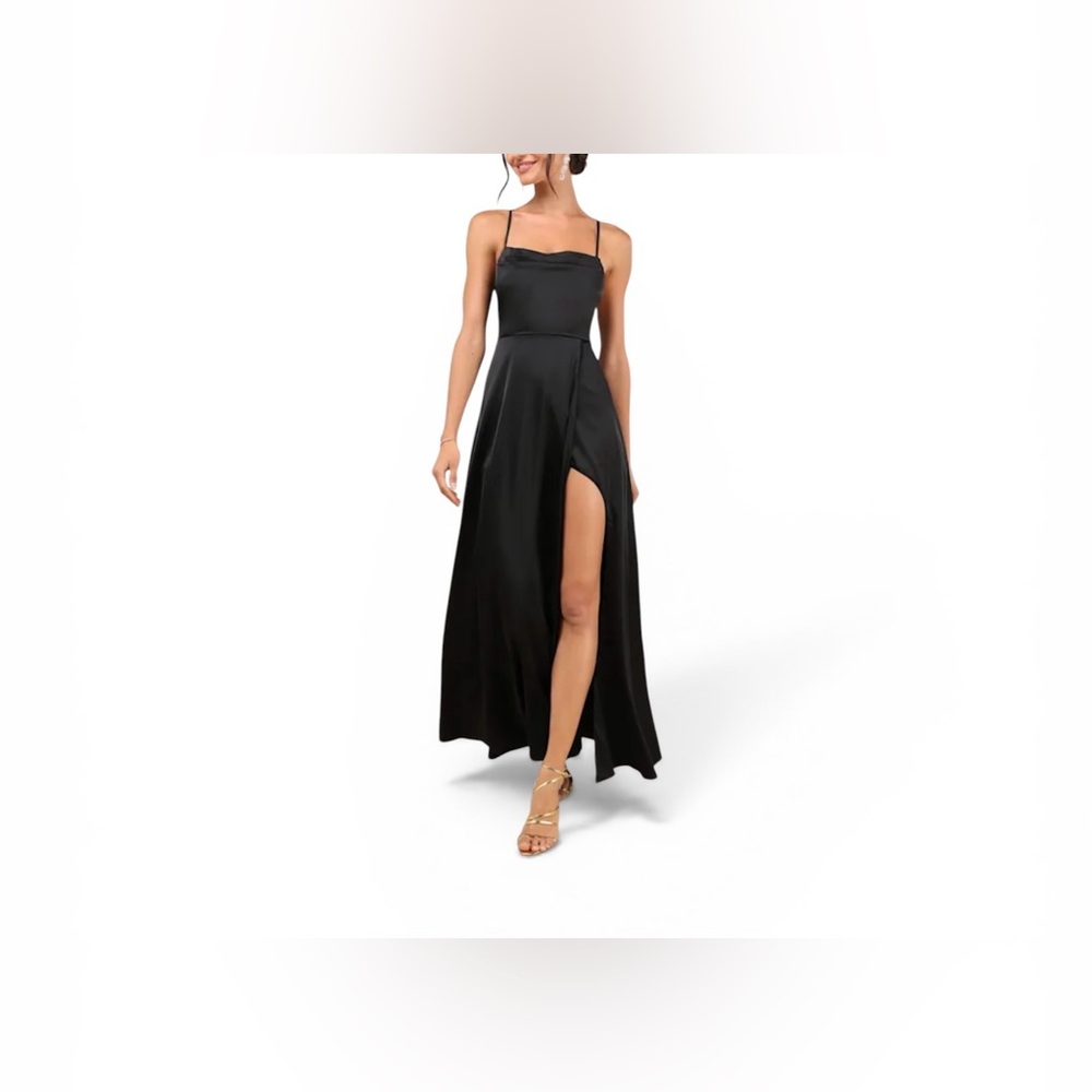Lulus NWT “So Loving” Black Satin Pleated Lace Up Backless Maxi Dress Size Large - Picture 11 of 15